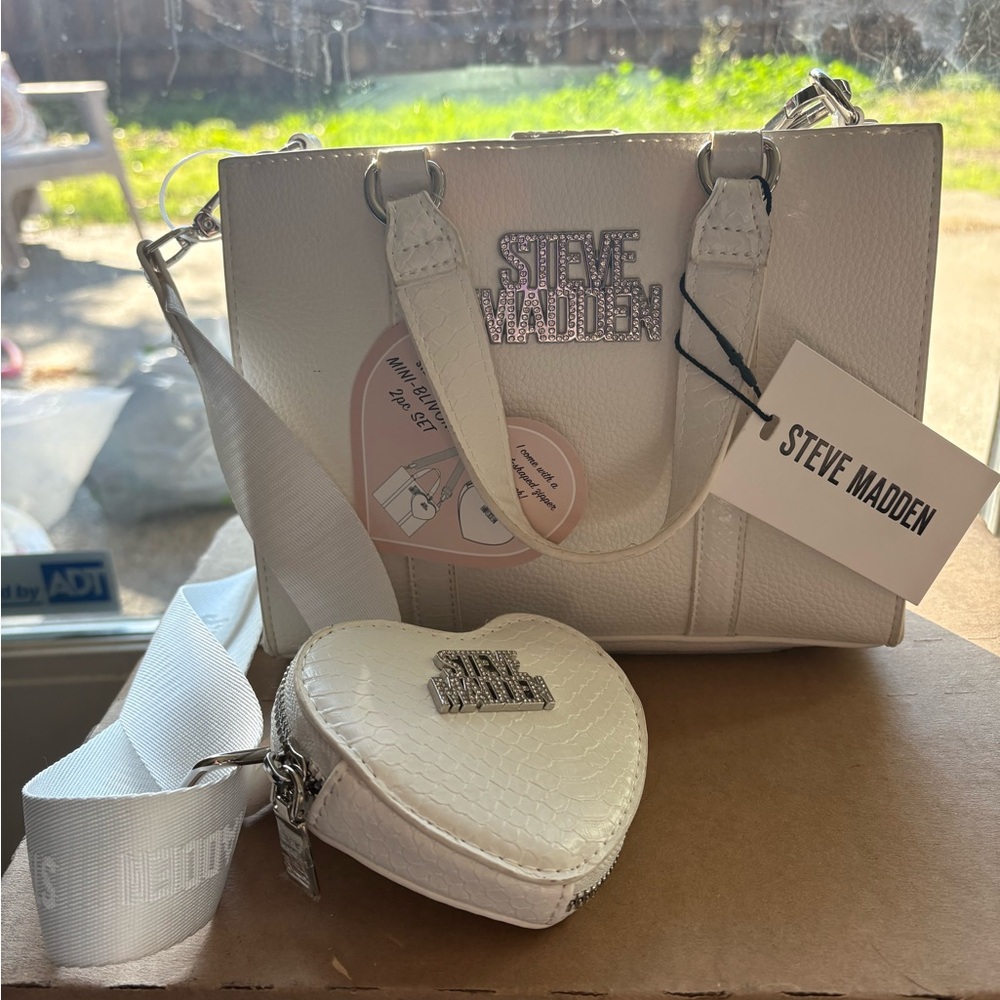 Steve Madden White Satchel with Heart Pouch